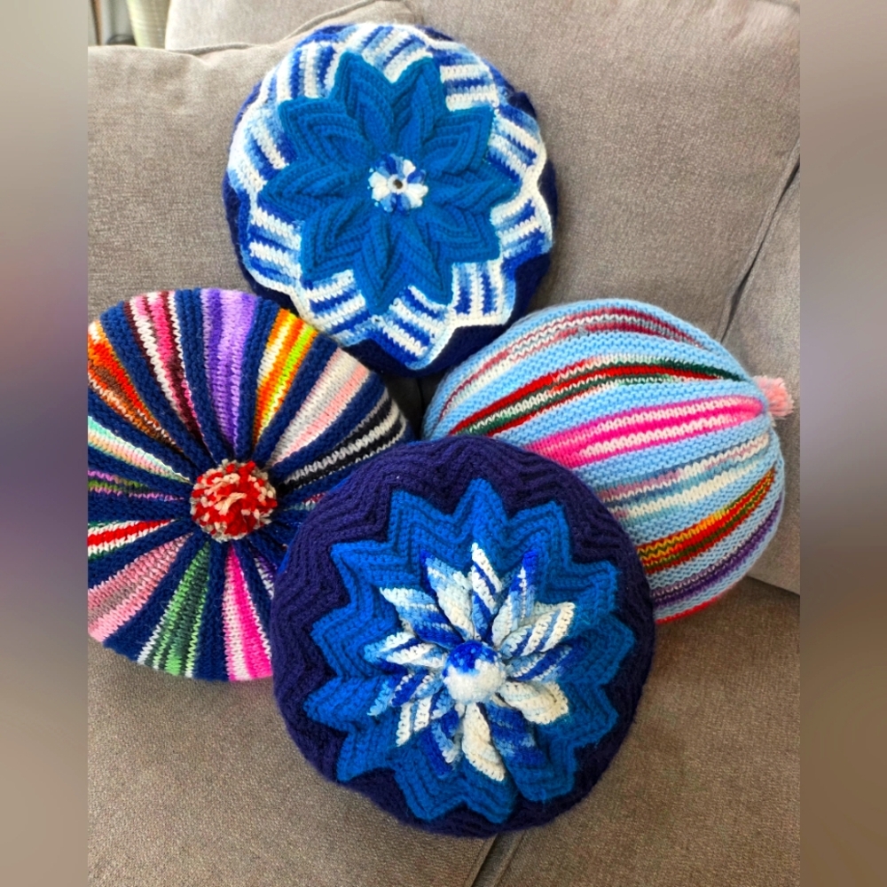 Colorful Hand Knit Crochet Pillows Decorative Vtg Accent Boho Hippie Set Unique
